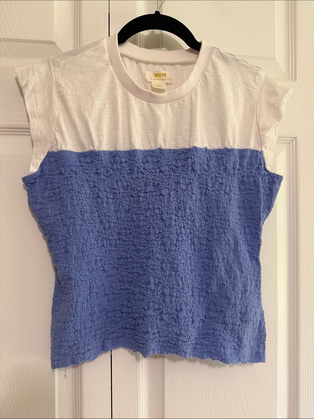 Maeve Two-Tone Textured Top - White & Periwinkle Blue